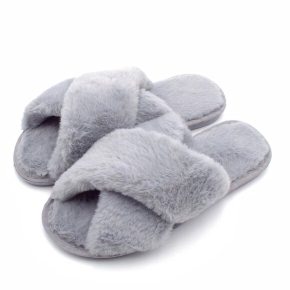 Shoes - Women's Fuzzy Slippers House Slippers Cross Band Slippers Indoor Outdoor